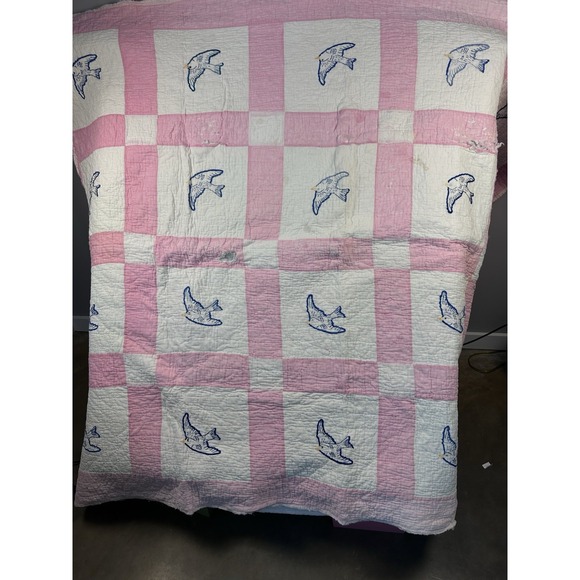 Vtg 1950's Tattered Handmade Quilt Embroidered Bluebird Pink And White 72